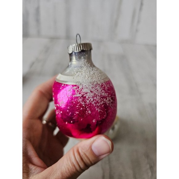 Radko shiny Brite double pink indent teardrop flocked Mercury glass ornament set - Picture 3 of 16